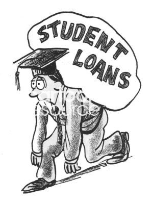 Character cartoon illustration showing the tremendous burden educational loans are on the male student. He is bent over trying to carry heavy student loans on his back.