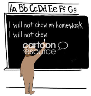 Education cartoon showing a student dog having to write on the blackboard, 'I will not chew my homework'.