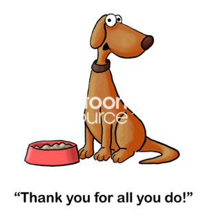 Dog color cartoon of a brown dog with a full bowl of food saying, 'thank you for all you do!'.