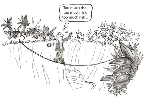 Image of a B&W cartoon showing a man crossing on a tightrope between two cliffs thinking 'too much risk, too much risk, too much risk'.