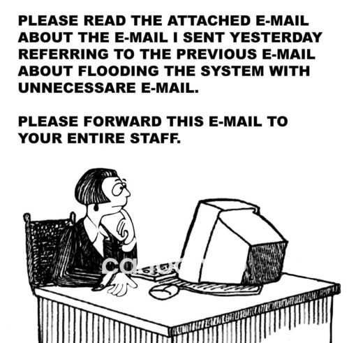 Email cartoon showing an office worker woman reading the email about the large number of unnecessary emails.