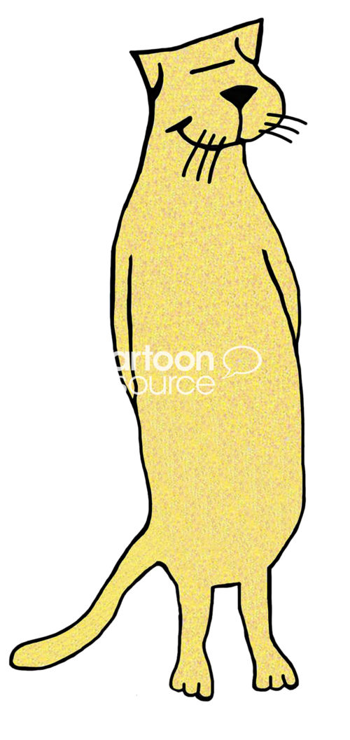 Color cartoon illustration of a smiling yellow cat standing on its hind legs with its eyes closed.