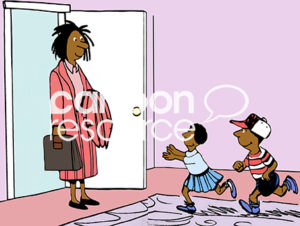 Office color cartoon showing a smiling, African-American working mother walking in the home front door as her two children run excitedly toward her.