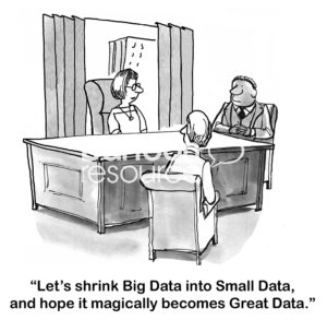 Office B&W cartoon showing a woman boss at his desk and two businessmen seated near her. She states, 'let's shrink Big Data into Small Data, and hope it magically becomes Great Data'.