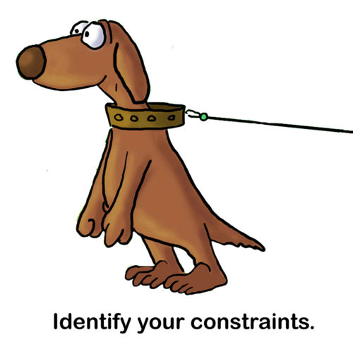 Office color cartoon illustration showing a brown dog standing on its hind legs and straining hard against the leash. "Identify your constraints.'