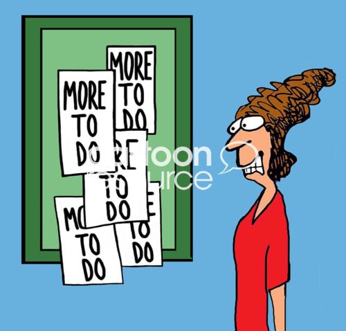 Office color carton showing a highly stressed office worker woman wearing a red dress and looking at five papers on a bulletin board that all state 'more to do'.