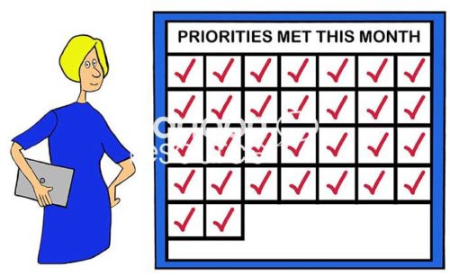 Office color cartoon showing a woman with blonde hair and a blue dress smiling and standing beside a large chart that shows she successfully met all 'Priorities Met This Month'.