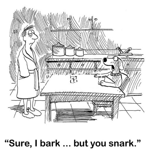 Dog B&W cartoon showing a very early morning with the male pet owner in his bathrobe listening to his dog, sitting at the kitchen table, say to him, 'Sure, I bark... but you snark'.
