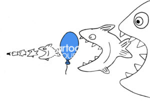 Color business cartoon showing a large fish about to eat a medium sized fish who is about to eat a blue balloon, then another smaller fish about to eat a yet smaller fish.