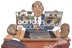 Color financial planning cartoon showing a male financial planner showing two retirement scenario photos to a husband and a wife. One scenario is a delightful relaxing in a swimming pool, the second scenario is a depressing , cold outdoor bench with the two of them sitting on it.