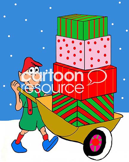 Color Christmas cartoon showing an elf pushing a wheelbarrow filled with four colorfully wrapped Christmas presents.