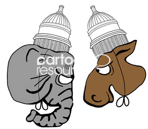 Color political cartoon showing the two political parties, depicted by an elephant and a donkey - both wearing the Capitol building as a hat, glaring at one another.
