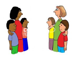 A color cartoon illustration with no caption showing an African-American mother with her arms around her two children facing a Caucasian mother with her arms around her two children. All are smiling.
