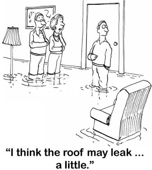 B&W family cartoon showing three adults standing in a living filled with water up to their knees. The woman states, 'I think the roof may leak... a little'.