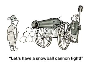 B&W cartoon showing two boys in the outdoors snow. One has a cannon and says to the other boy, 'let's have a snowball cannon fight!'.
