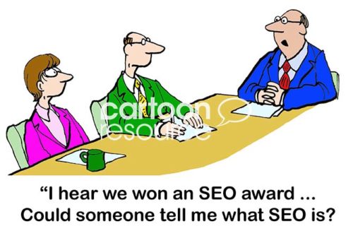 Office color cartoon showing two digital media employees sitting with a boss at a meeting table. The boss states, 'I hear we won an SEO award... Could someone tell e what SEO is?'.