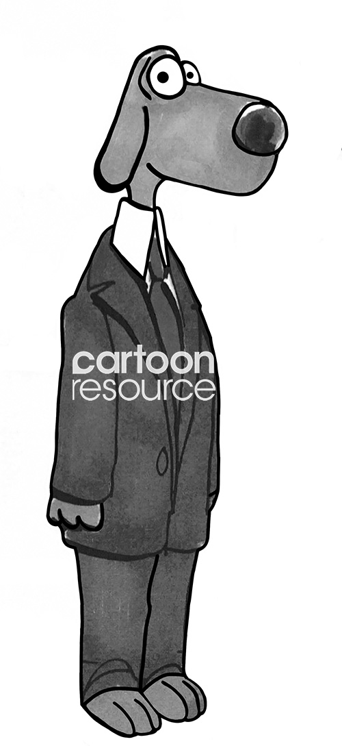 B&W cartoon of an executive male dog wearing a business suit.