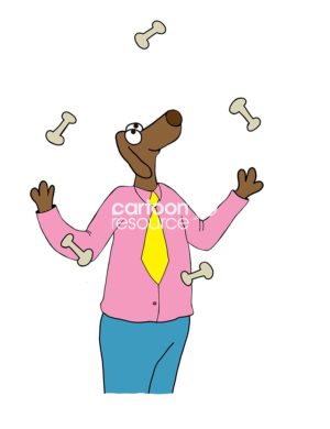 Color cartoon showing a male dog wearing a pink shirt and yellow tie with a big smile juggling dog bones.