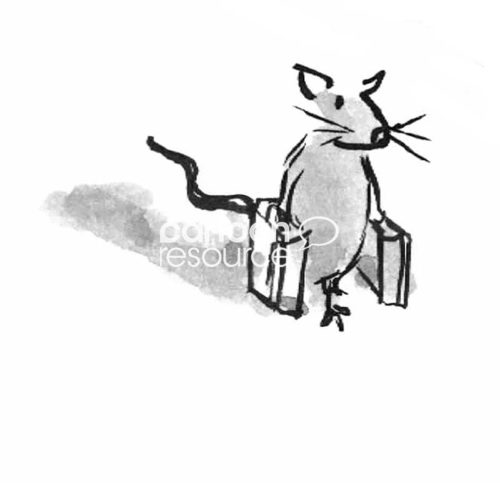 B&W wash cartoon showing a little mouse walking along carrying two small suitcases, one in each hand.