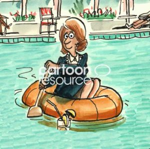 Color cartoon showing a woman executive wearing her work suit and at a resort. She is in an inter tube paddling across the pool.