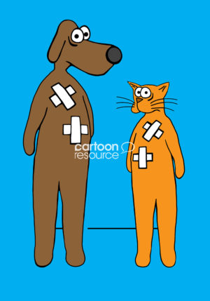 Color cartoon of a brown dog and yellow cat both looking 'sheepish' and covered with wounds from a fight they had.