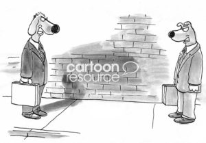 B&W conflict cartoon showing two office executive dogs growling at each other on the sidewalk, each carrying their briefcase.