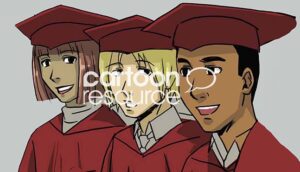 Color illustration of three college graduates of mixed races and gender, smiling, wearing cap and gown.