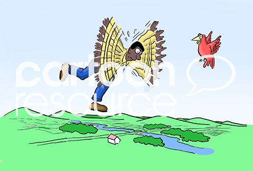 Color illustration showing a bird training an African American man how to fly.
