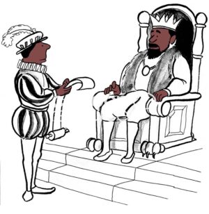 Color illustration of a black king with a page reading him a report.