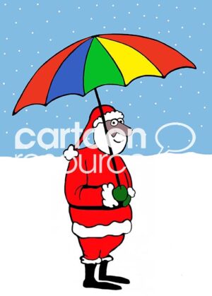 Color illustration of an African American Santa Claus wearing his red suit and holding a rainbow colored umbrella.