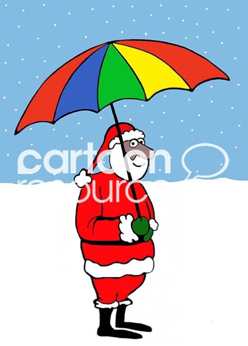 Color illustration of an African American Santa Claus wearing his red suit and holding a rainbow colored umbrella.