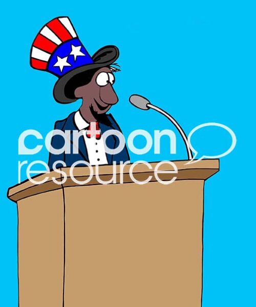 Color illustration showing a smiling, African American male political candidate dressed as Uncle Sam and giving a speech.