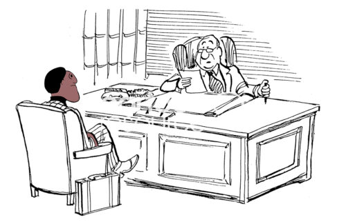 B&W illustration showing a black job applicant patiently wait while the white manager reviews his resume.