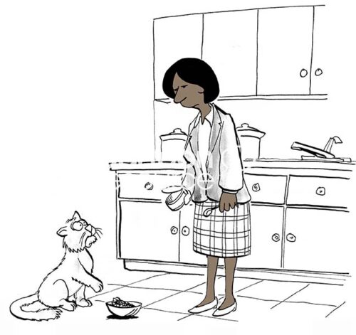 Color illustration of a middle-aged, black woman trying to feed her picky cat some cat food.