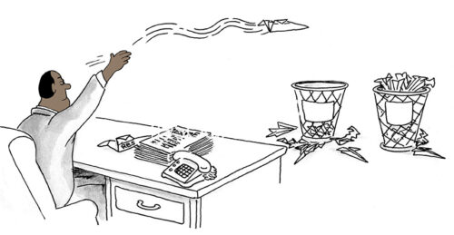 Color illustration of a middle-aged, black, HR businessman creating paper airplanes out of resumes and randomly throwing them toward trash cans.