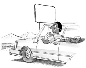 B&W illustration showing an African American man driving his car on the highway.