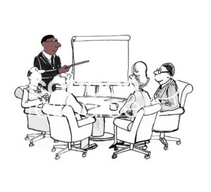 Color illustration showing an African American professional leading his team in a meeting.