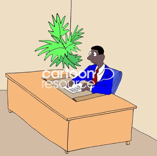 Color illustration showing a professional African American man sitting at his desk and writing a memo long-hand.