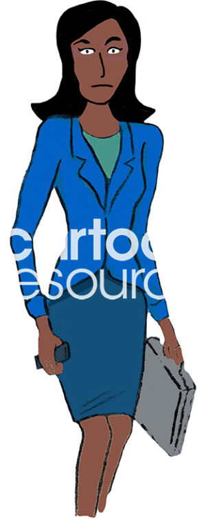 Color illustration of an African American LGBTQ+ executive woman walking and carrying a brief case, wearing a blue suit.