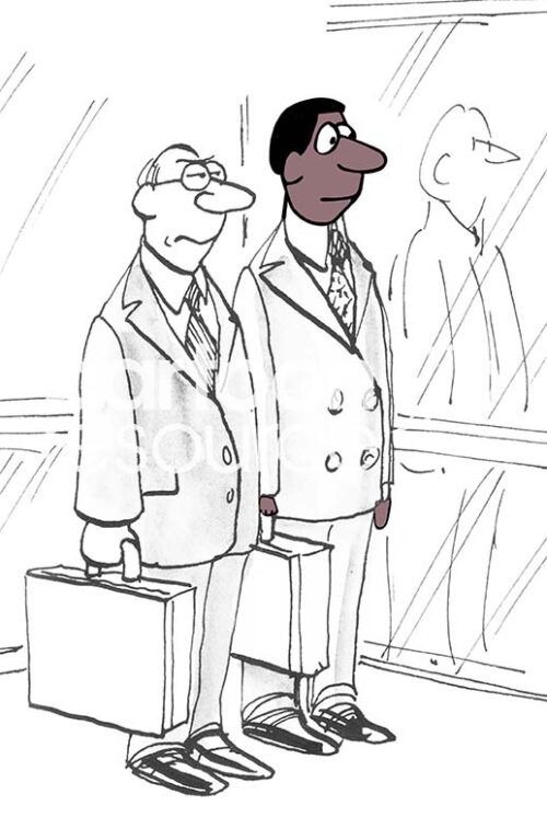Color illustration showing two professional men, one black and one white, standing side by side in an elevator.