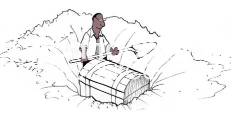 Color illustration of an African American man digging, he has just discovered a cheese of buried treasures.
