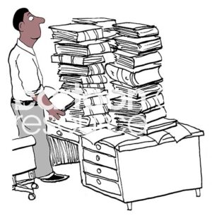 Color illustration of a black man standing by his desk, it holds many large books.