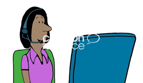 Color illustration of a middle-aged, black woman who is wearing a headset and works in a call center. She is talking and taking a call.