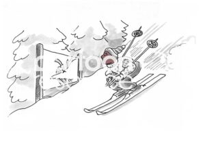 Color illustration of a black skier realizing he is at a dangerous point on the slope, a cliff.