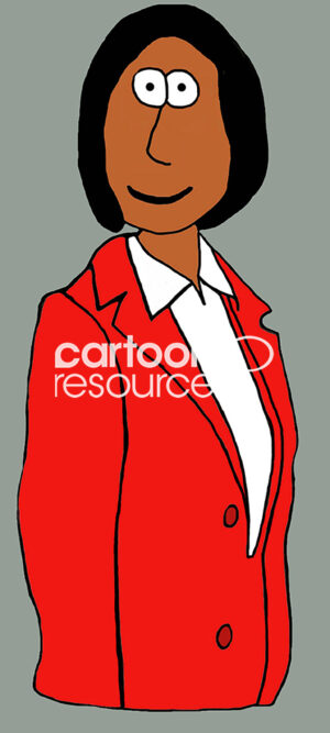 Color illustration of an attractive, middle-aged, Indian woman professional wearing a red jacket, smiling and looking at the viewer.