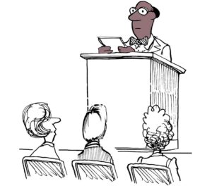 Color illustration of a professional African American man speaking to an audience from a podium.