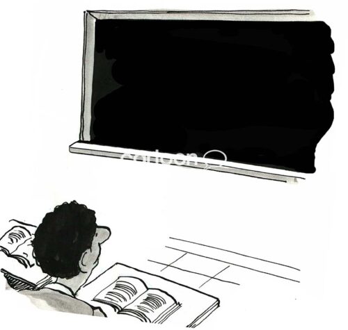 B&W illustration of a black, male student sitting in a college classroom and listening intently.