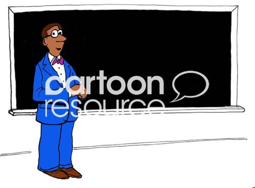 Color illustration of a smiling male teacher wearing a blue suit and standing by a blackboard.