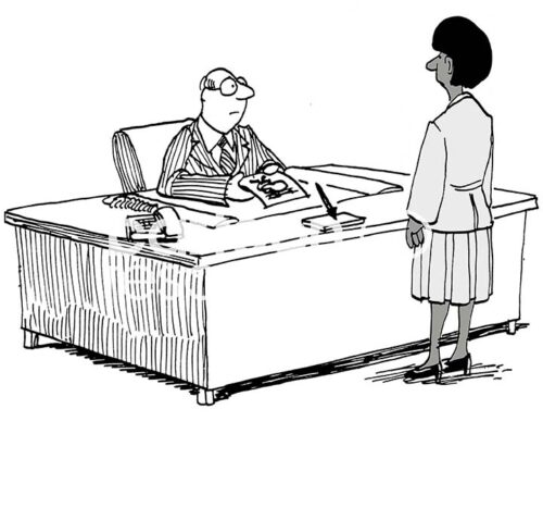 B&W illustration of black female manager standing at male boss's desk and looking at him.