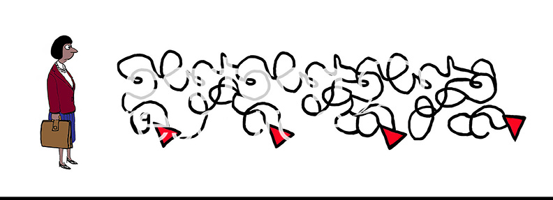 Color illustration of a black professional woman who is looking at her circuitous path forward.